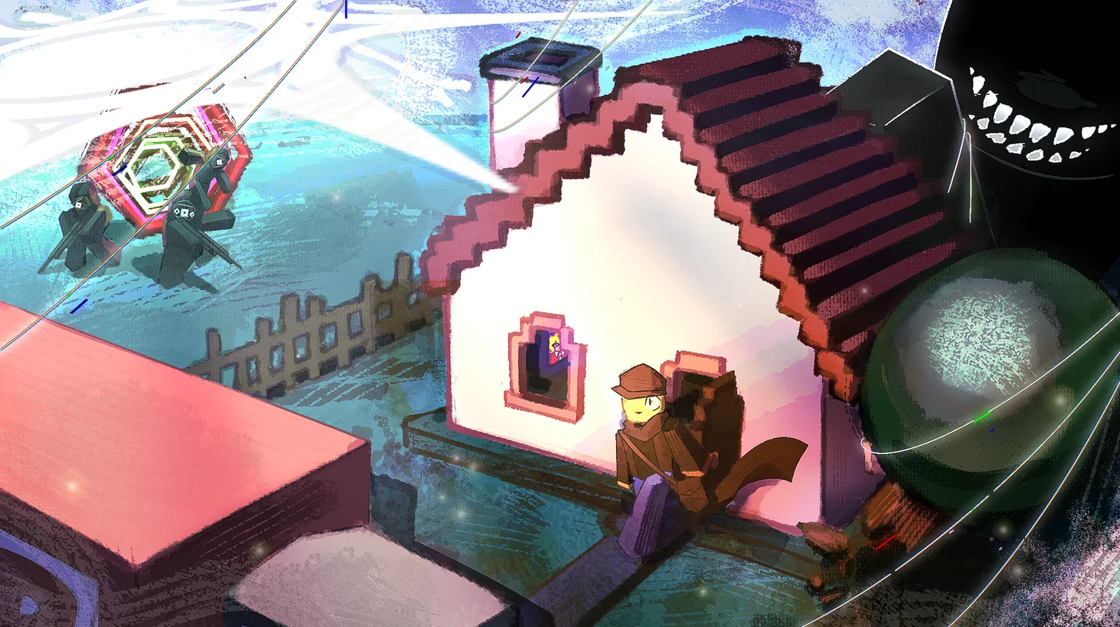 Painted key art: the Nostalgic house, with SMILE grinning at the edge of the frame.