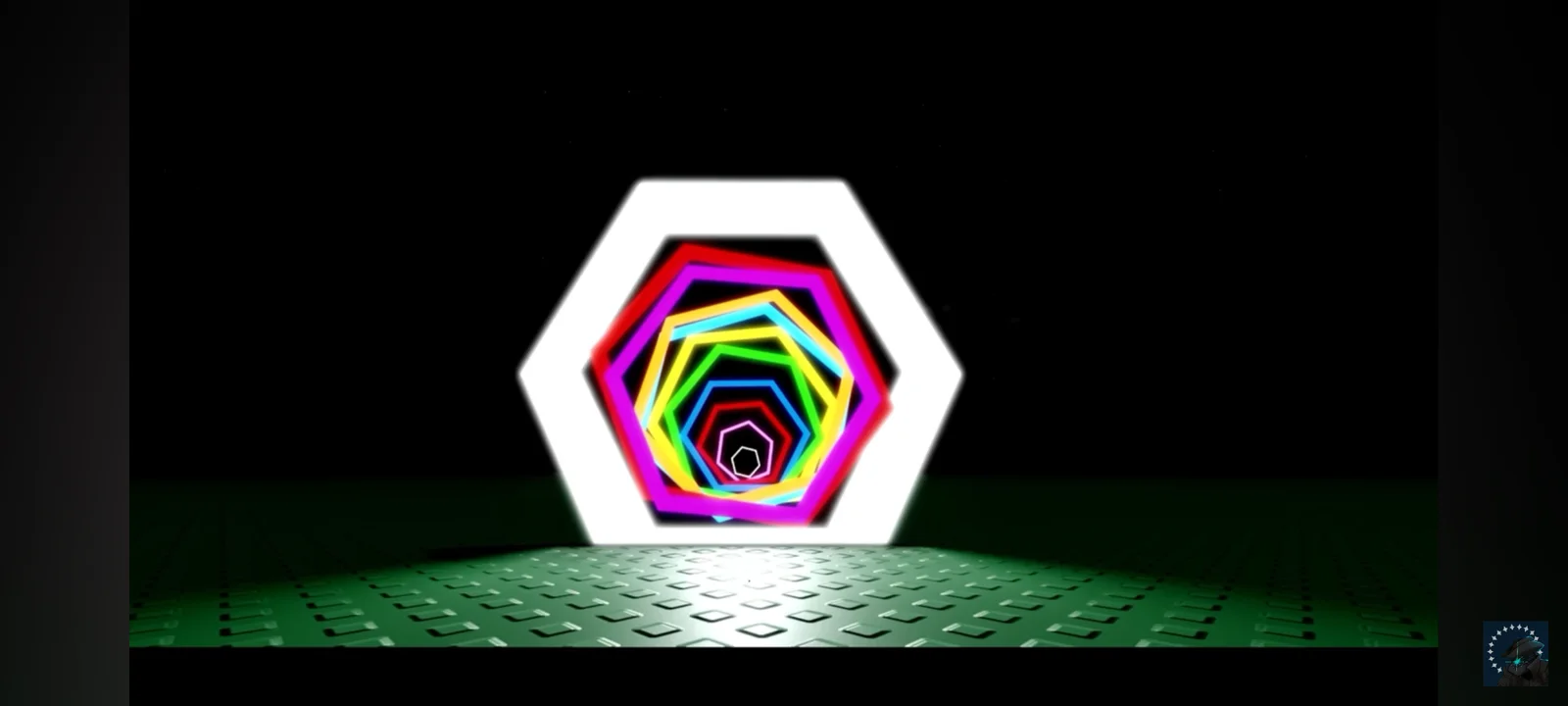 The portal, a glowing hexagon of colour in a dark room.